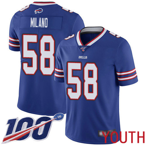 Youth Buffalo Bills #58 Matt Milano Royal Blue Team Color Vapor Untouchable Limited Player 100th Season NFL Jersey